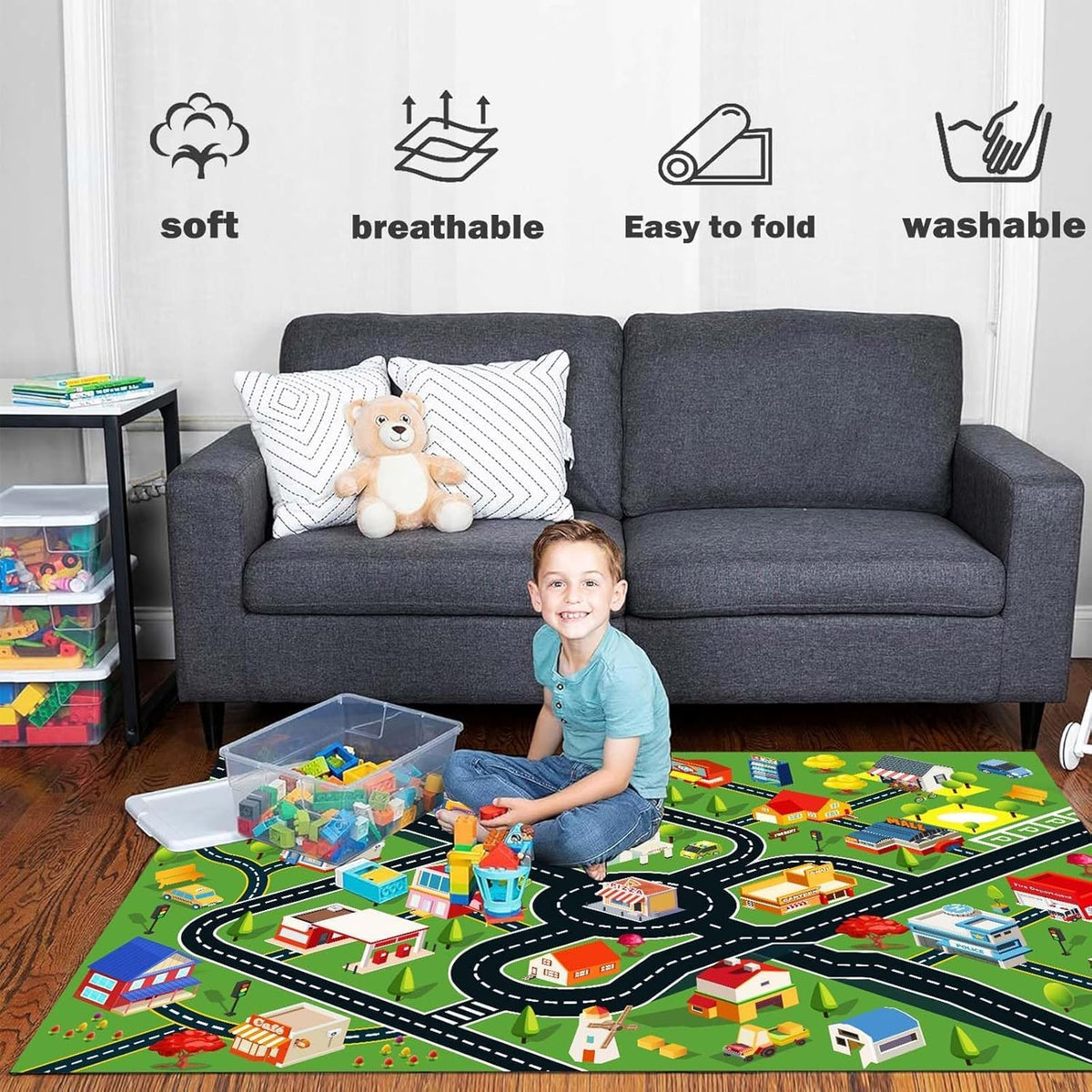 Kids Rug Car Rugs for Kids Toy Cars Play Mat with Rubber Backing City Life Road Rug for Cars Fun City Map for Carpet for Bedroom Boys (RED-Rug, 2.6x3.9ft)