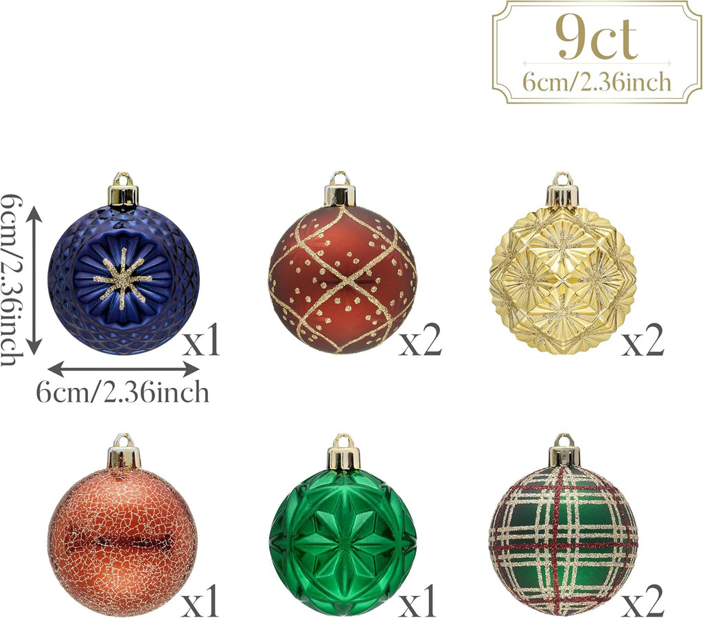Valery Madelyn Ornaments for Christmas Trees, 9ct 2.36 Inches Red Green and Gold Shatterproof Christmas Tree Decorations, Luxury Hanging Ball Ornaments for Xmas Holiday Party Decor