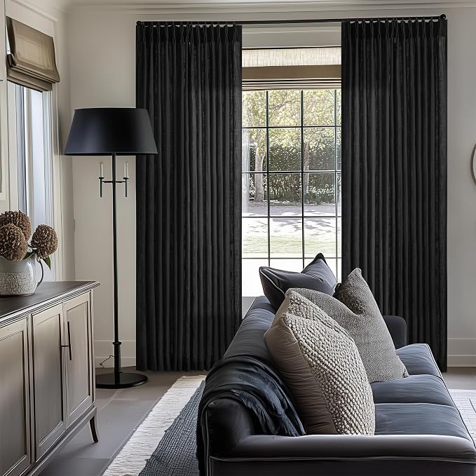 Black Pinch Pleated Linen Semi Sheer 108 Inch Curtains 2 Panels | Light - Image 8