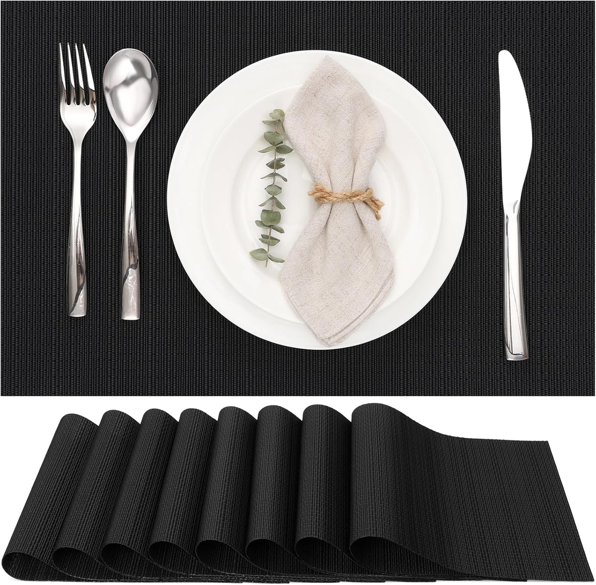 Myir JUN Placemats Set of 8, Vinyl Woven Placemats Place Mats Indoor Set of 8 Washable Table Mats Non-Slip Place mats for Dining Table (Black, Set of 8)