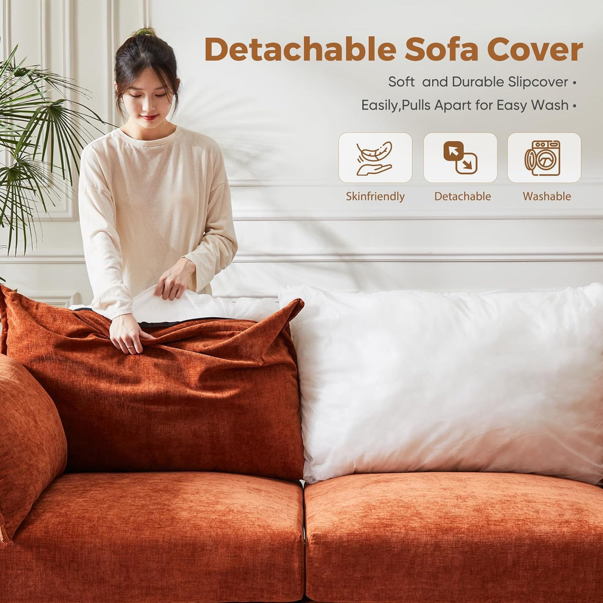Oversized Accent Chair, Upholstered Modern Sofa Chair with Removable Backrest & Detachable Cover, 24.5" Deep Seat Large Reading Armchair for Living Room Bedroom - Chenille Terracotta Set of 2