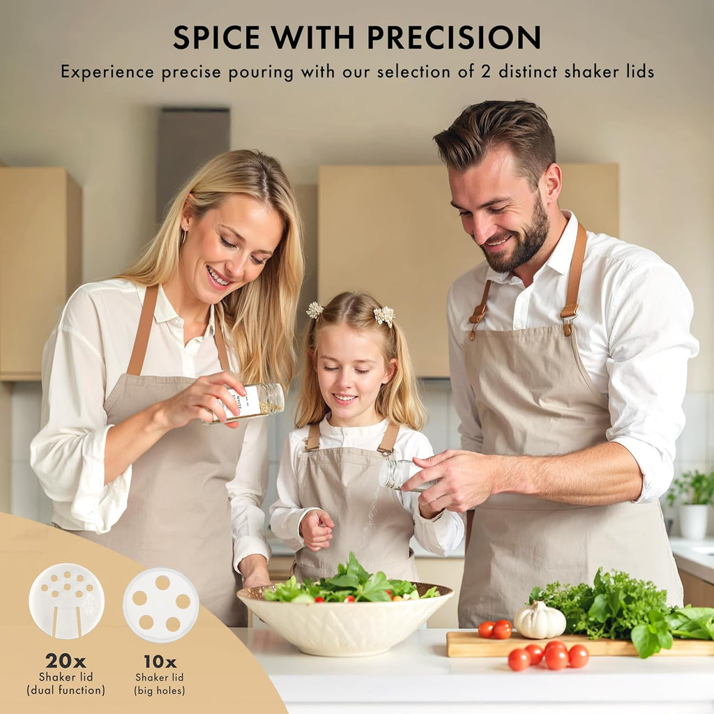 Glass Spice Jars with Label and Stainless Steel Lids (24 x 4oz) Spice Containers with 240 Labels, Shaker Inserts, Steel Funnel, Empty Square Empty Square Seasoning Organizer (White)