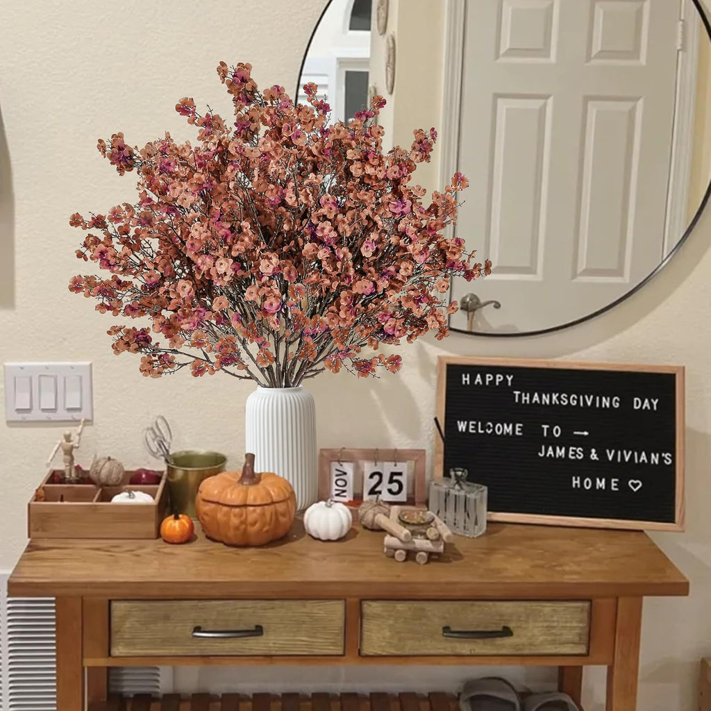Sggvecsy 15 Pcs Babys Breath Artificial Flowers Gypsophila Bouquets Bulk Real Touch Fake Silk Flowers for Home DIY Floral Arrangement Table Centerpiece Fall Autumn Decoration (Orange Brown)