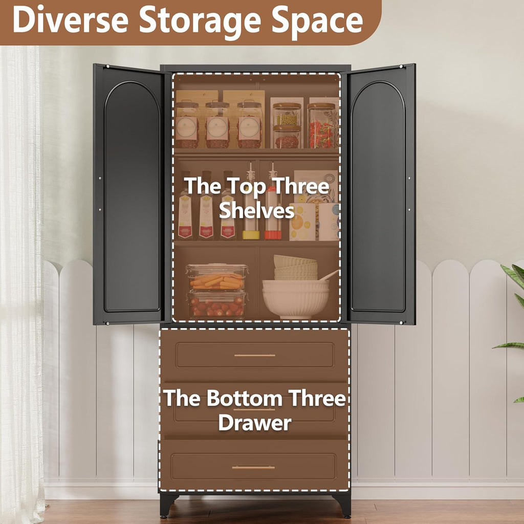 Kitchen Pantry Cabinet, 75" Tall Pantry Cabinet with Three Drawers, Freestanding Food Cupboard with Doors and Shelves, Metal Storage Cabinets for Dining, Living Room, Black, Assembly Required