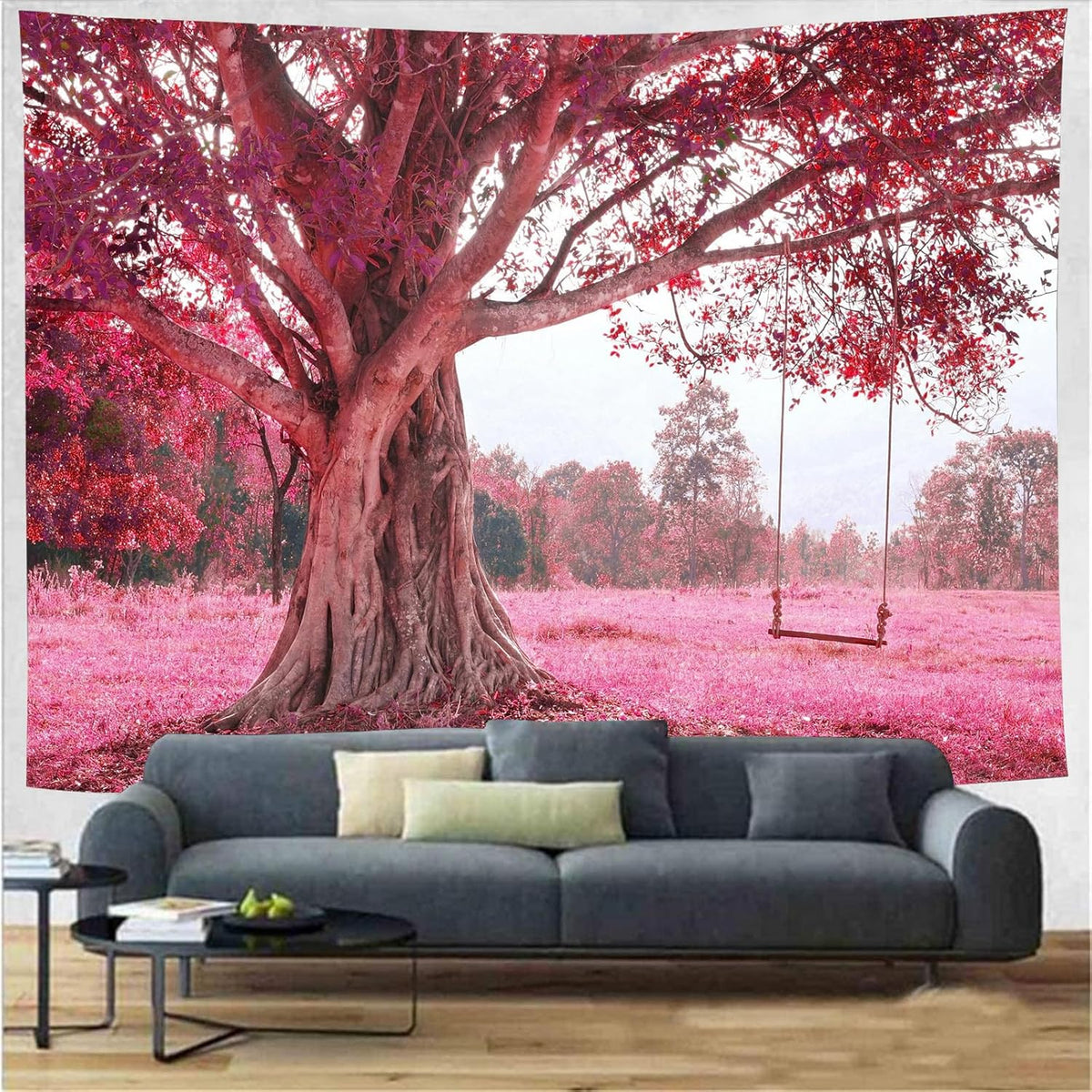 FENDROM Autumn Pink Flower Tapestry Window View Wall Hanging, Nature Forest Floral Trees Garden Scenic Tapestries for Living Room Home Office Dorm