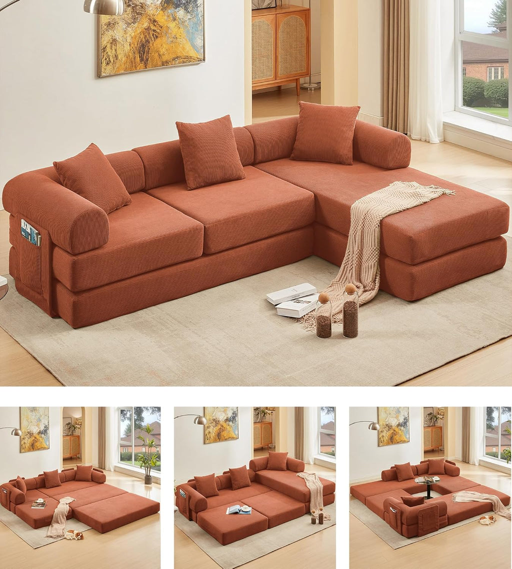 107" Oversized Convertible Sleeper Sofa Bed, Corduroy L Shape Sectional Couch, Folding Sofa Bed with Side Pocket, Modern Cloud Floor Mattress Couch, Modular Sofa for Living Room, Orange