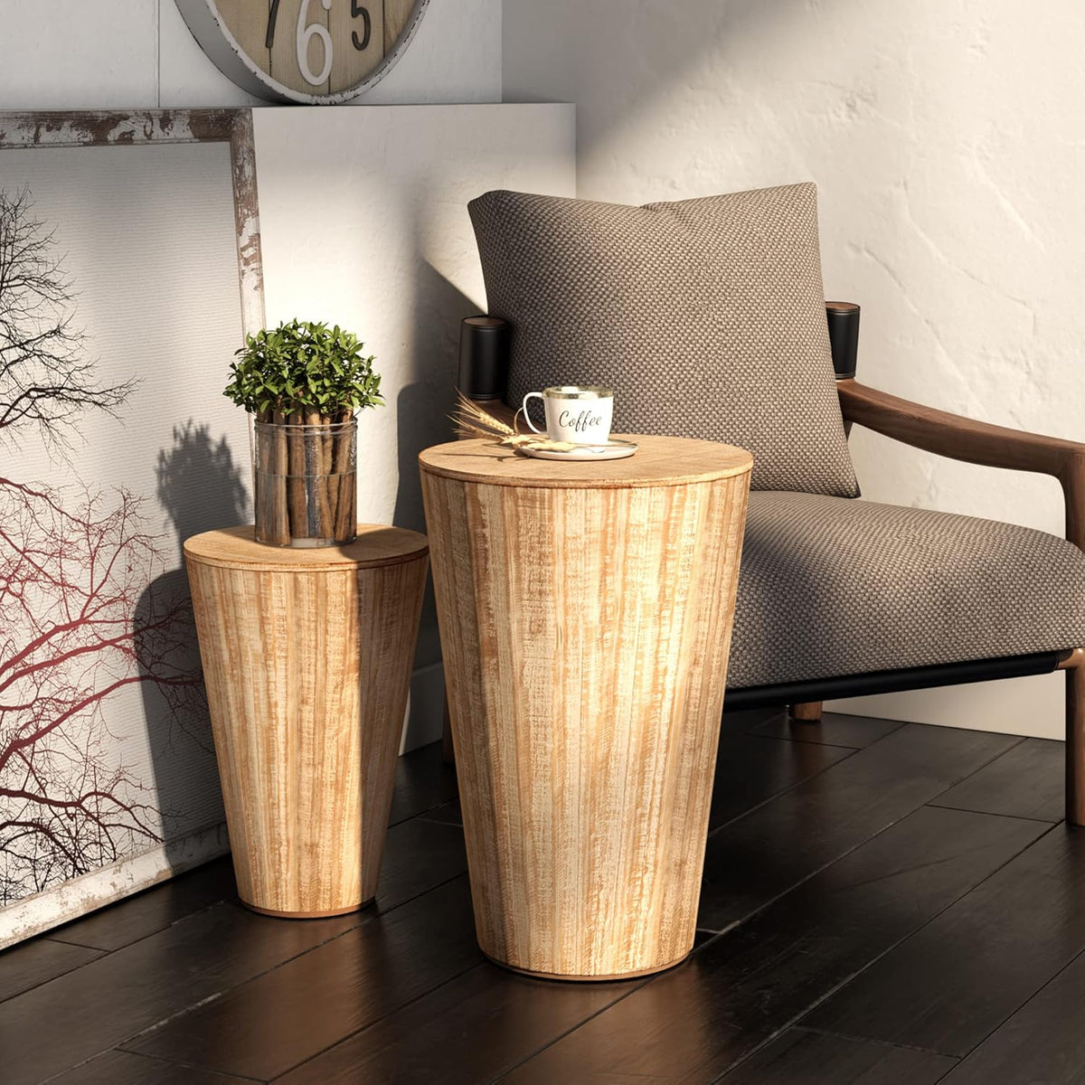 Farmhouse Nesting Barrel Side Table, Rustic Space Saving Storage End Table Set Fully Assembled, Natural Distressed Finish