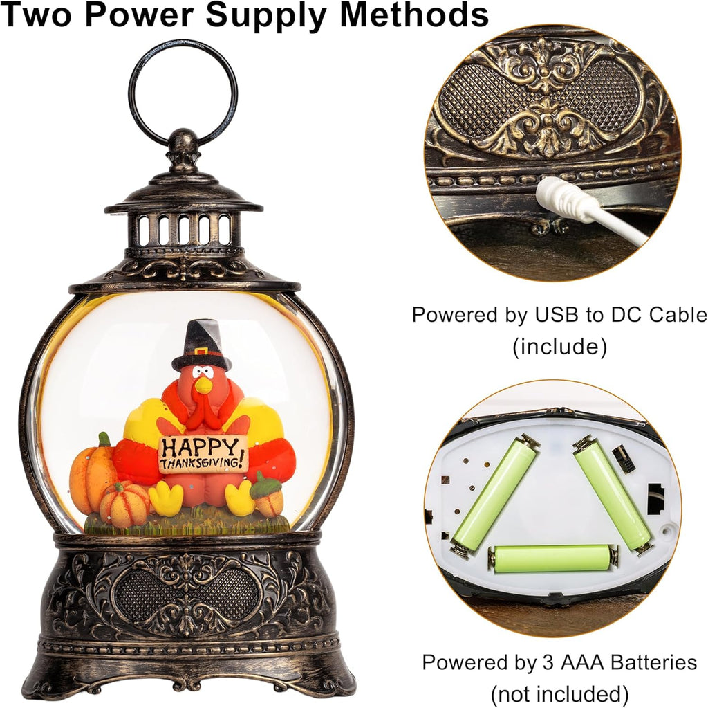 Fall Snow Globe Lantern with Autumn Turkey and Pumpkins Thanksgiving LED Decor for Home, Indoor Tabletop Centerpiece with Glitter Flakes, Harvest Light Decorations