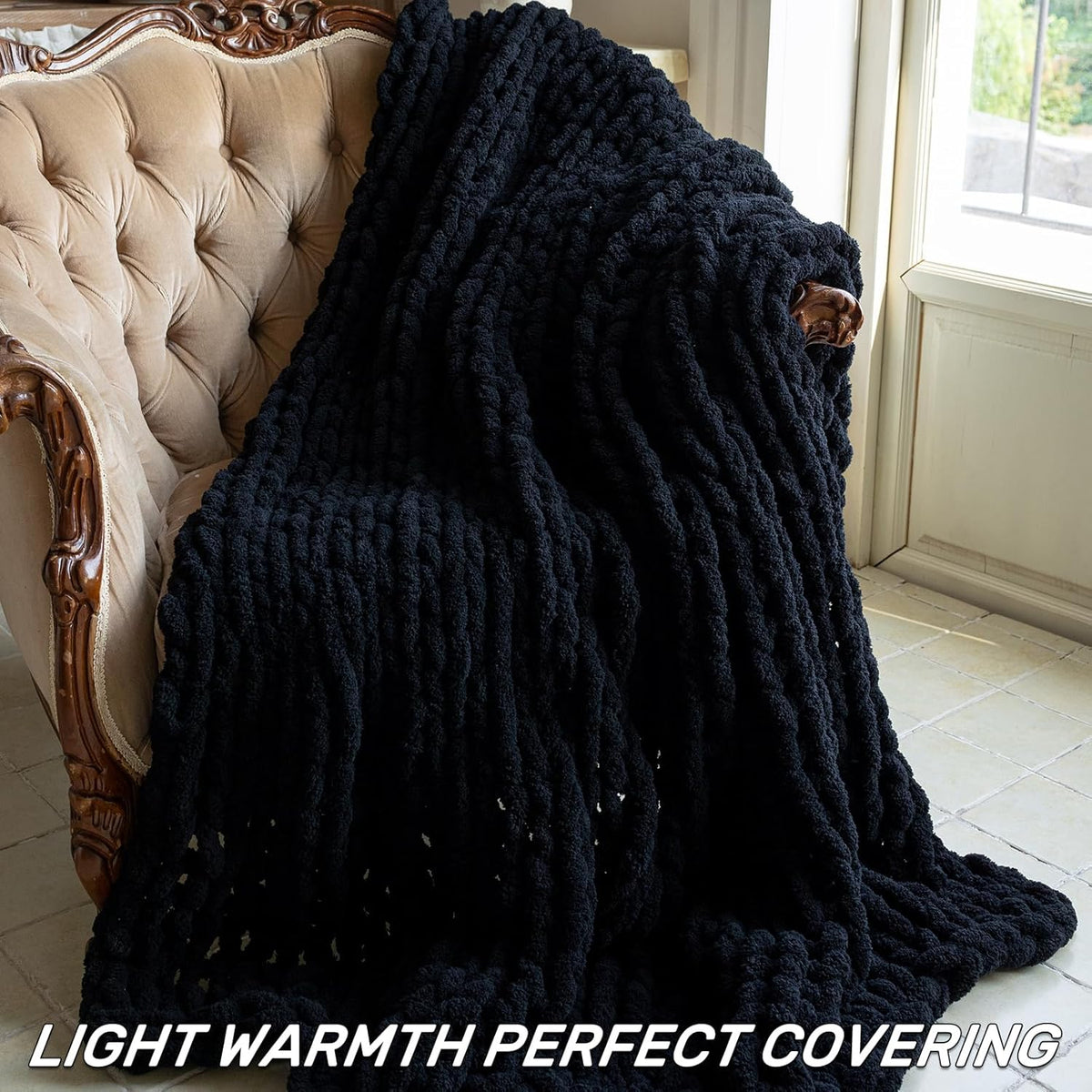 Chunky Knit Blanket - Luxury Soft Cozy Extra Large Size (80 * 90) Throw Blanket,100% Woven Blanket Rope Knot Throw Blanket for Couch, Sofa, Home Decor, Gift - Machine Washable（Black）