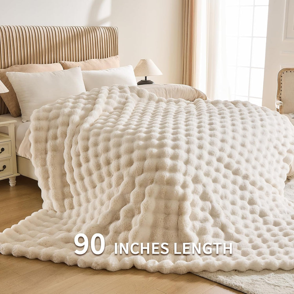 Cozy Faux Fur Throw Blanket for Bed-Warm Fuzzy Throw Blanket, Soft Plush Thick Bubble Blankets for Bedroom and Living Room, Furry Luxury Blanket, 90 x 108, Cream