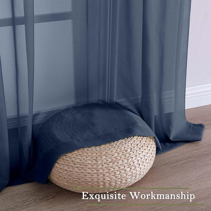 Navy Blue Sheer Curtains 120 Inches Long 2 Pcs, Solid Voile Light Filtering Rod - Image 7