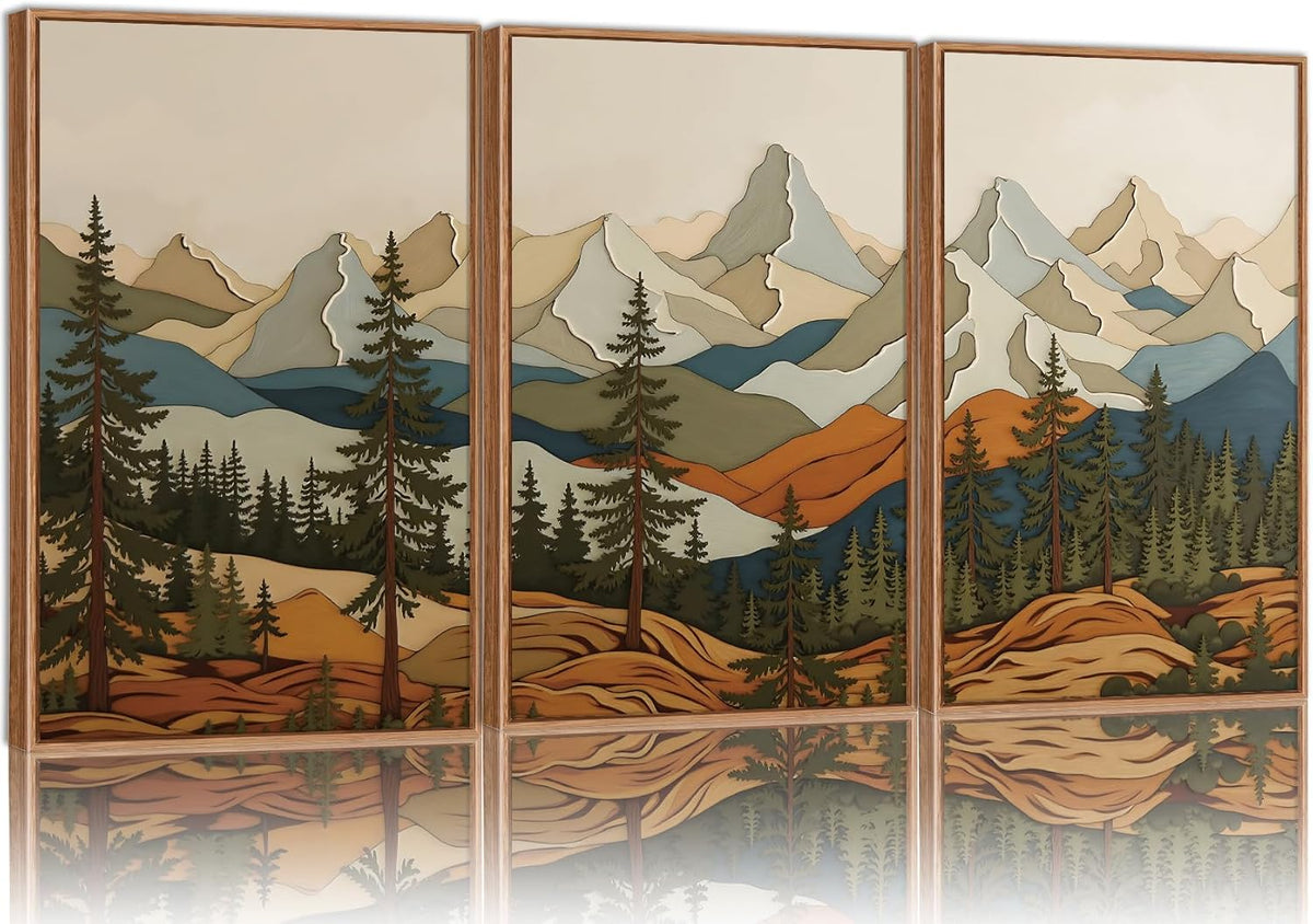SIGNINART Vintage Mountains Framed Canvas Wall Art, Wooden Forest Wall Decor, Green Wood Pine Trees Wilderness Artwork, Metal Ridge Landscape Art Paintings for Living Room Bedroom Office 16"x24"x3