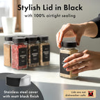 Glass Spice Jars with Label and Stainless Steel Lids (24 x 4oz) Spice Containers with 240 Labels, Shaker Inserts, Steel Funnel, Empty Square Empty Square Seasoning Organizer (Black)