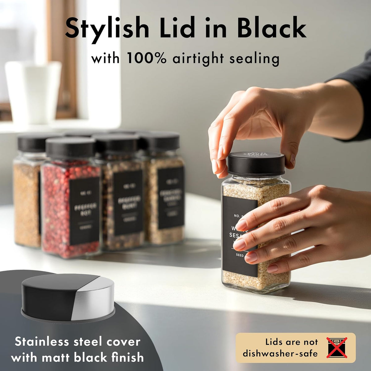 Glass Spice Jars with Label and Stainless Steel Lids (24 x 4oz) Spice Containers with 240 Labels, Shaker Inserts, Steel Funnel, Empty Square Empty Square Seasoning Organizer (Black)