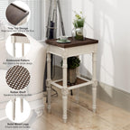 Rustic Farmhouse Cottagecore Accent End Table Set of 2, Distressed Accent Side Table with Espresso Tray Top and Woven Wicker Shelf, Boho, French Country Decor, Square, Weathered Brown & White