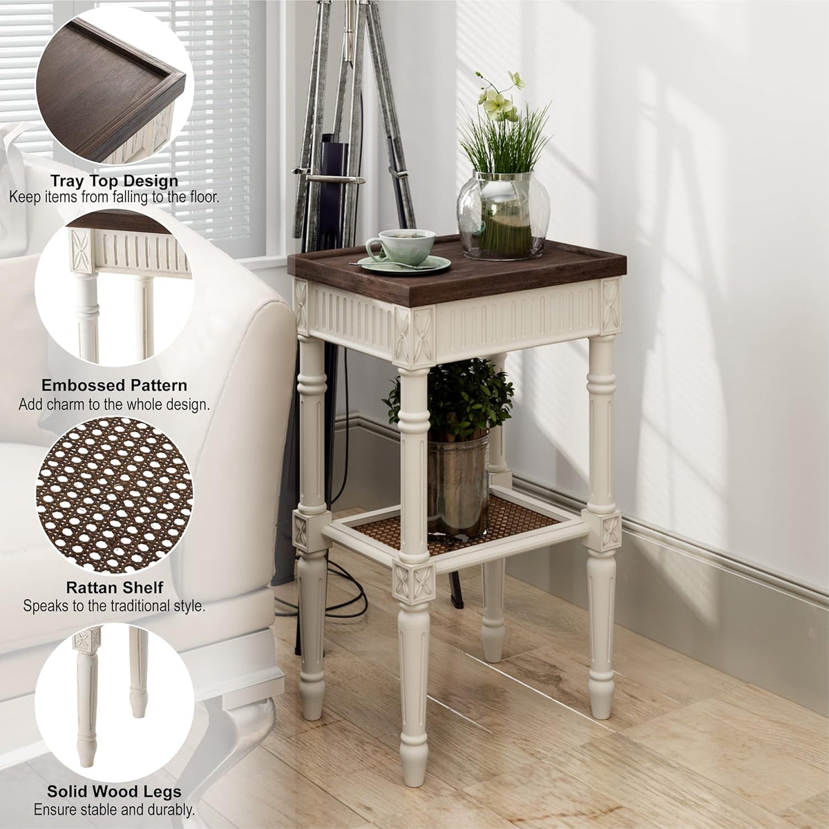 Rustic Farmhouse Cottagecore Accent End Table Set of 2, Distressed Accent Side Table with Espresso Tray Top and Woven Wicker Shelf, Boho, French Country Decor, Square, Weathered Brown & White