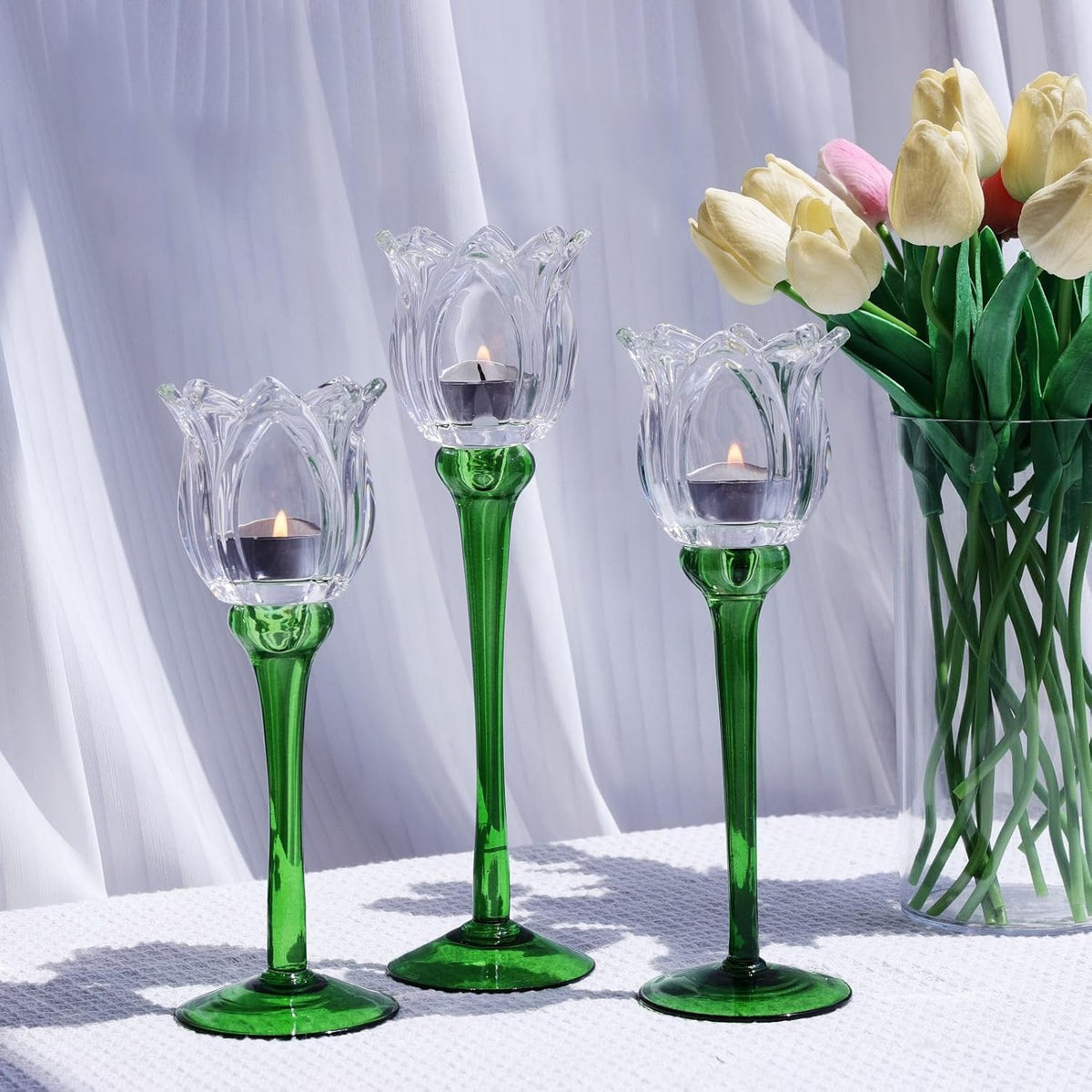 VOHO Tulips Glass Clear Candle Holder Decor for Home Living Room, 3pcs Varying Heights Tealight Candle Holder Wedding Centerpieces for Tables, White Flower Tall Votive Candle Holders Gifts for Friends
