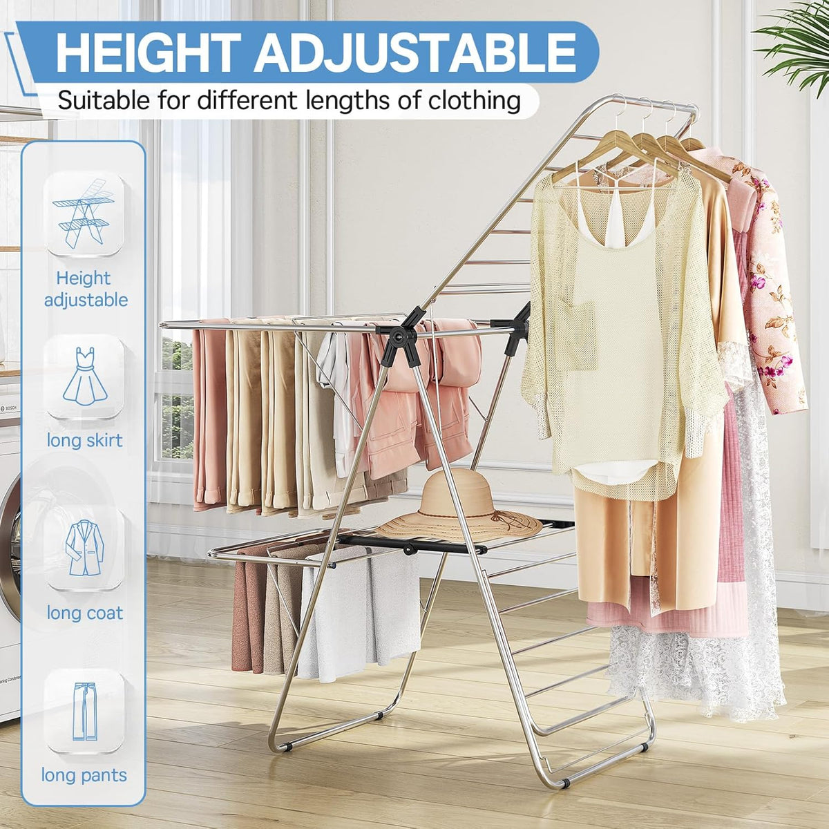 APEXCHASER Clothes Drying Rack with 4 Wings, Drying Rack Clothing with Height-Adjustable, Foldable Gullwings Laundry Drying Rack, Indoor Outdoor Use, No Assembly, Black