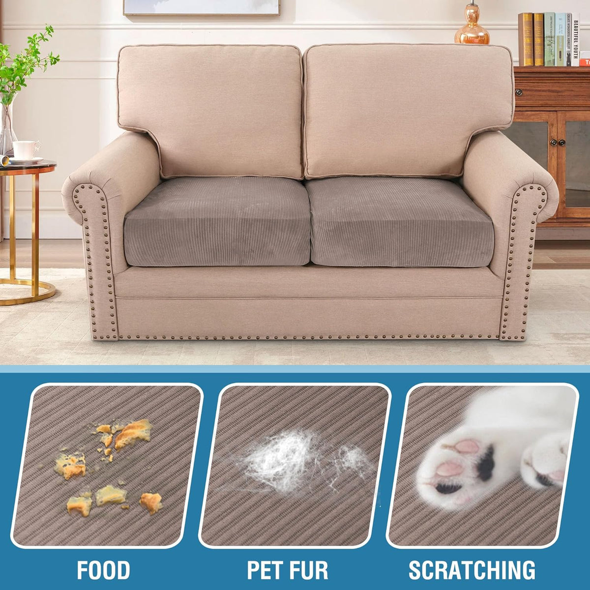 H.VERSAILTEX Velvet Stretch Couch Cushion Cover Plush Cushion Slipcover for Chair Loveseat Sofa Cushion Furniture Protector Seat Cushion Sofa Cover (2 Piece Large Sofa Cushion Covers, Taupe Striped)