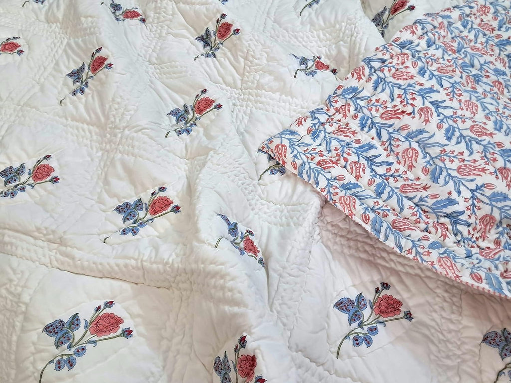 Twin Size Rose Pink Cotton Throw Blanket – 60x90 Hand Block Printed Lightweight Quilt – Soft Bedspread for Couch, Sofa & Bed – Cozy All-Season Boho Floral Blanket – Handmade in India