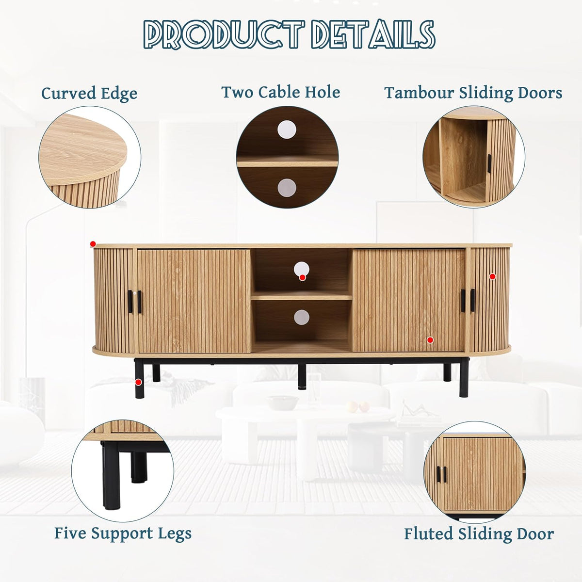 62" Tambour Door TV Stand,Wood Mid Century Modern TV Cabinet for Up to 75“ TV,Curved Edge Long TV Stand with Storage for Bedroom Living Room (Natural, 62.2inch)