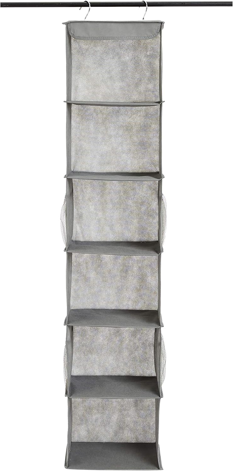 Amazon Basics 6-Tier Hanging Closet Shelf Organizer With Pockets, 8.5" D x 12" W x 9" H, Grey
