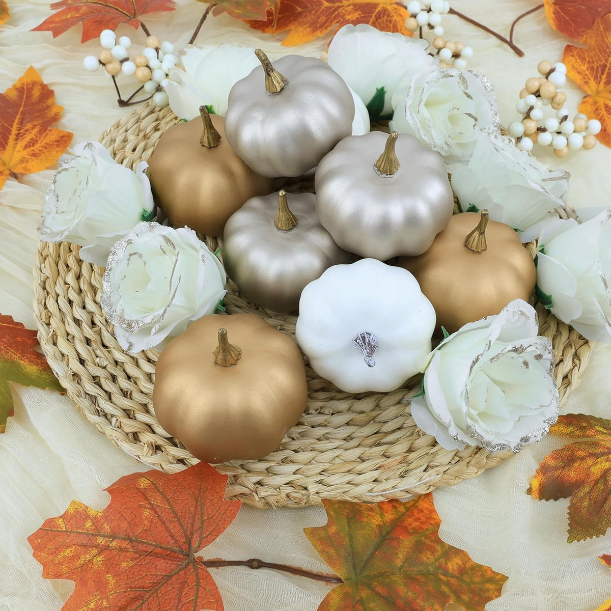 Fake Pumpkins, 21 Pcs White Artificial Pumpkins, Plastic Pumpkin Berries Rose Artificial Flowers Fall Decoration Kit for Thanksgiving Table Decoration