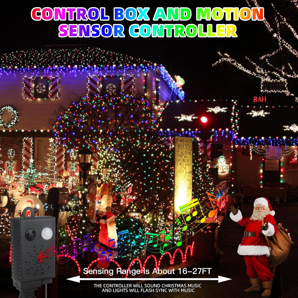 Music Motion Sensor Christmas String Lights 105FT 300 LED，Multicolour Christmas Tree Lights，End to End Plug In 6 Modes Decorative Light, No Timer；Waterproof for Indoor Outdoor Tree Party Decor
