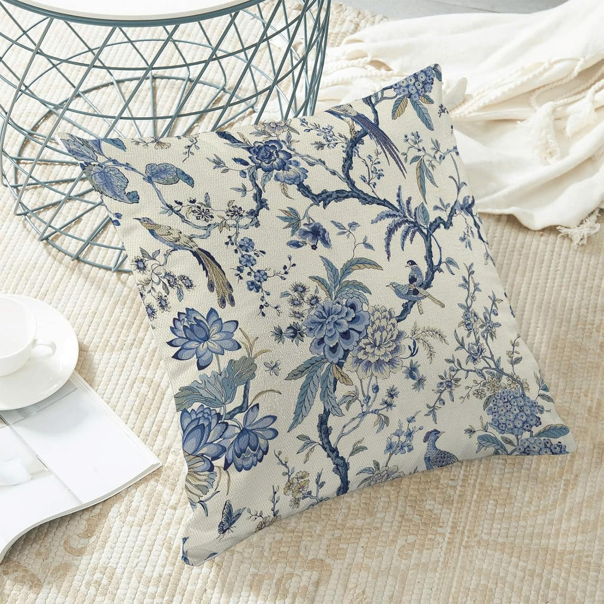 CXMEIFLY Spring Floral Birds Pillow Covers 18 x 18 Inch Set of 2 for Chinoiserie Flowers Decor Throw Pillows Blue and White Plant Outdoor Decorative Cushion Cases for Couch Bed Decorations