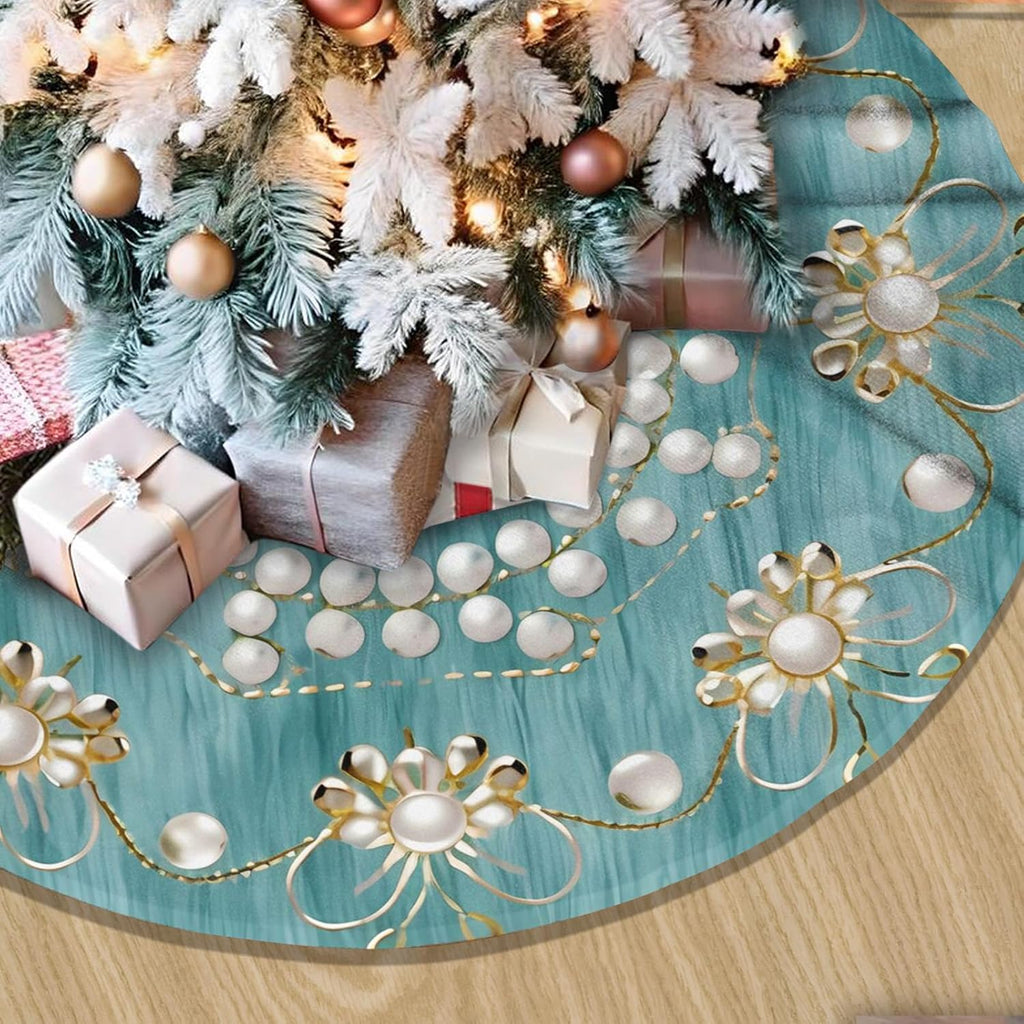 48" Large Christmas Tree Skirt, Elegant Circular Round Shape Turquoise Pattern Tree Mat Base Cover for Xmas Festive Holiday Party Decoration Ornaments