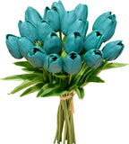 Mandy's Artificial Tulips 20 Stems Teal PU Faux Flowers for Wedding Home Decor 13.5 Inch