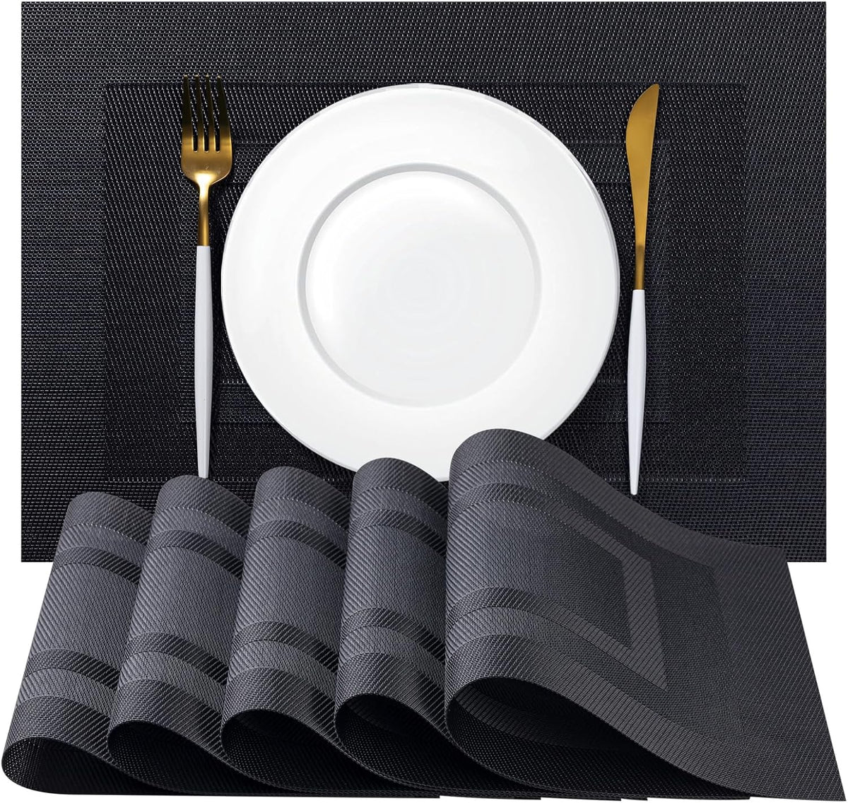 Placemats Set of 12 - Easy Clean Woven Vinyl Placemats for Dining Table, Indoor/Outdoor Place Mats, Washable PVC Table Mats（Black Cube）