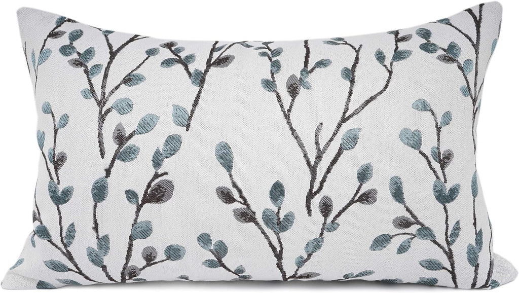 YOUR SMILE Classical Embroidery Jacquard Farmhouse Oblong Rectangle Chenille Teal Leaf Decorative Throw Pillow Case,12x20 inch