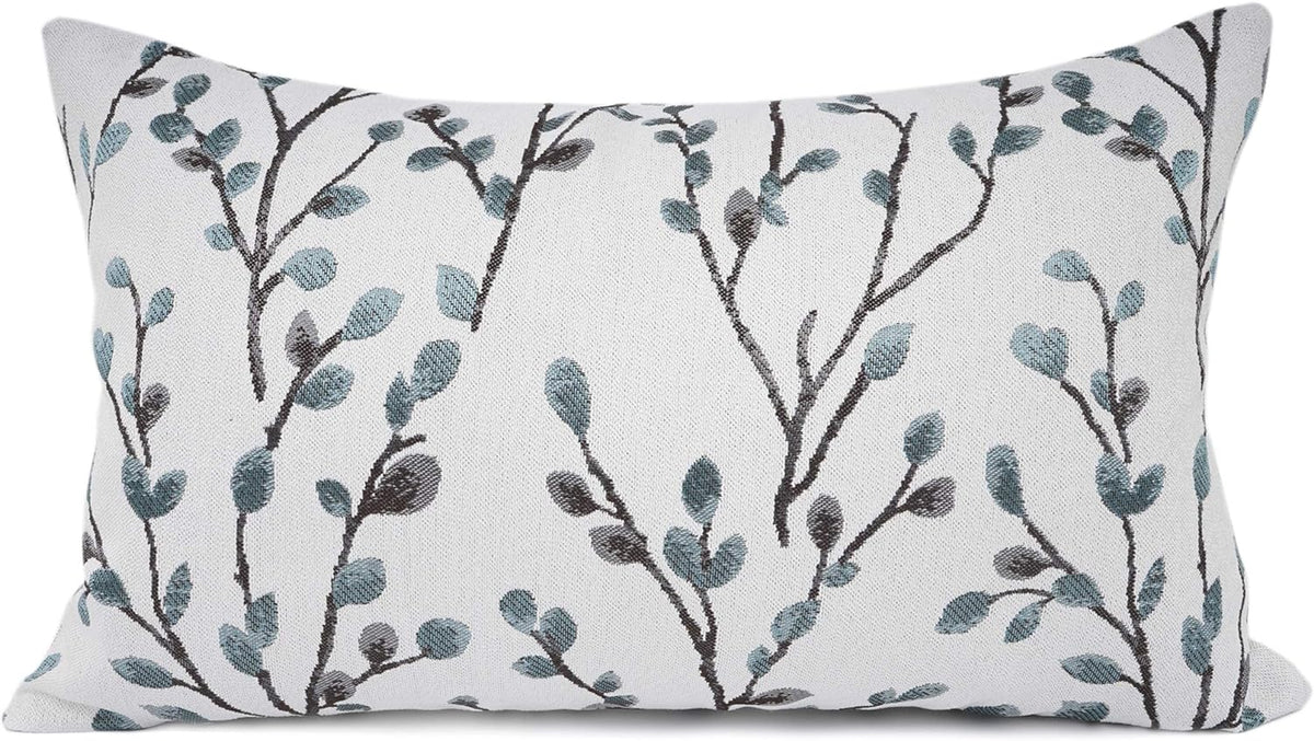 YOUR SMILE Classical Embroidery Jacquard Farmhouse Oblong Rectangle Chenille Teal Leaf Decorative Throw Pillow Case,12x20 inch
