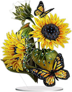 Diamond Painting Kits for Adults Beginners, 5D Full Drill Sunflower Butterfly Crystal Art Desktop Ornament, DIY Single Sided Home Office Desk Decor, Creative Craft Gift Set with Tools