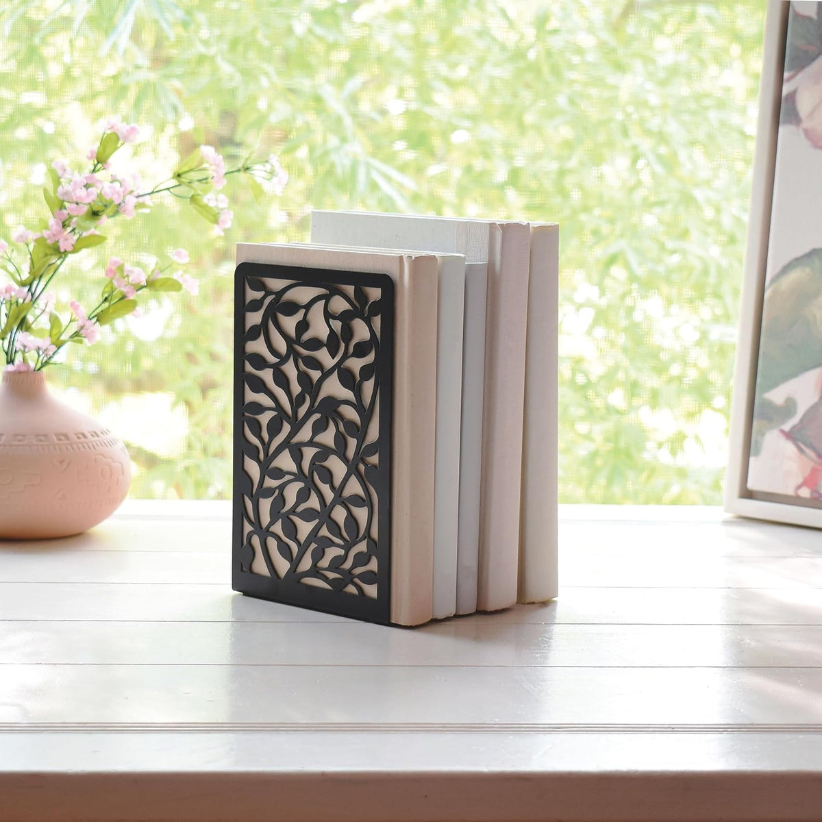 CNK Book Ends for Shelves - Metal Holders for Home Office Heavy Books, Shelf Stoppers, Decorative Set of 2 Black Infinite Leaves Bookends