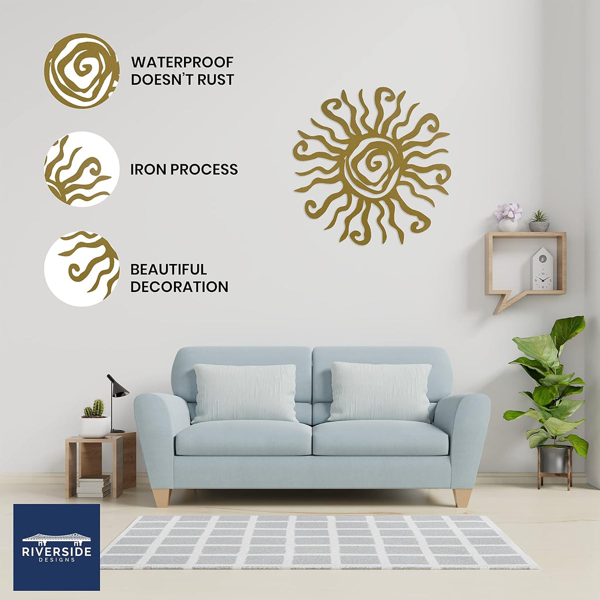 Riverside Designs Wacky Sun Metal Wall Art Indoor/Outdoor Decor - 36" Gold Rust Proof Wall Sculpture - Made in USA - Ideal for Bedroom, Garden, Home, Patio and Farmhouse