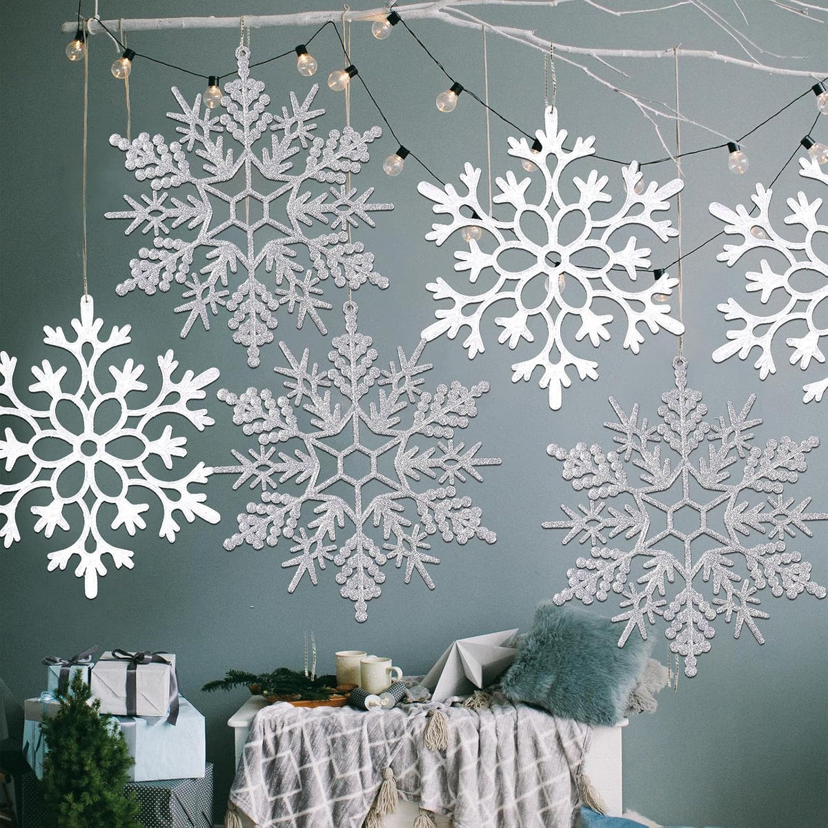 12pcs Large Christmas Snowflakes Decorations, 12" Big Plastic Glitter White Sliver Snowflake Ornaments for Winter Indoor Outdoor Christmas Tree Holiday Window Room Decor Craft Snowflakes