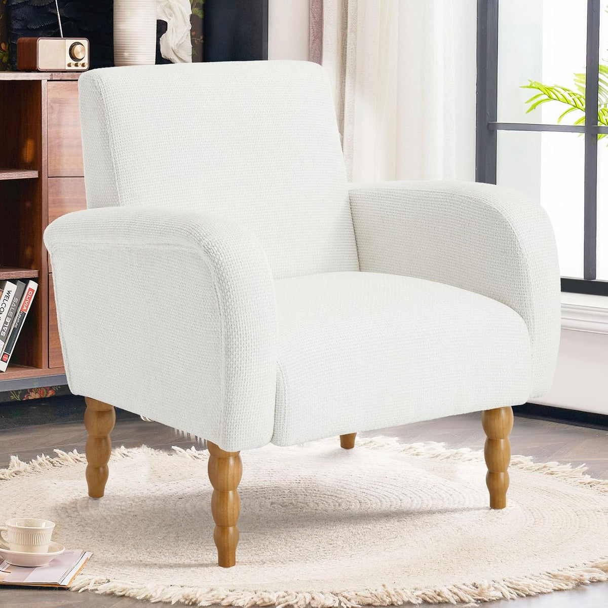 Chenille Fabric Accent Chair, Upholstered Armchair with Solid Wood Legs, Modern Living Room Accent Chair, Comfy Single Sofa Chair Reading Club Chair for Bedroom Reception Lounge, White