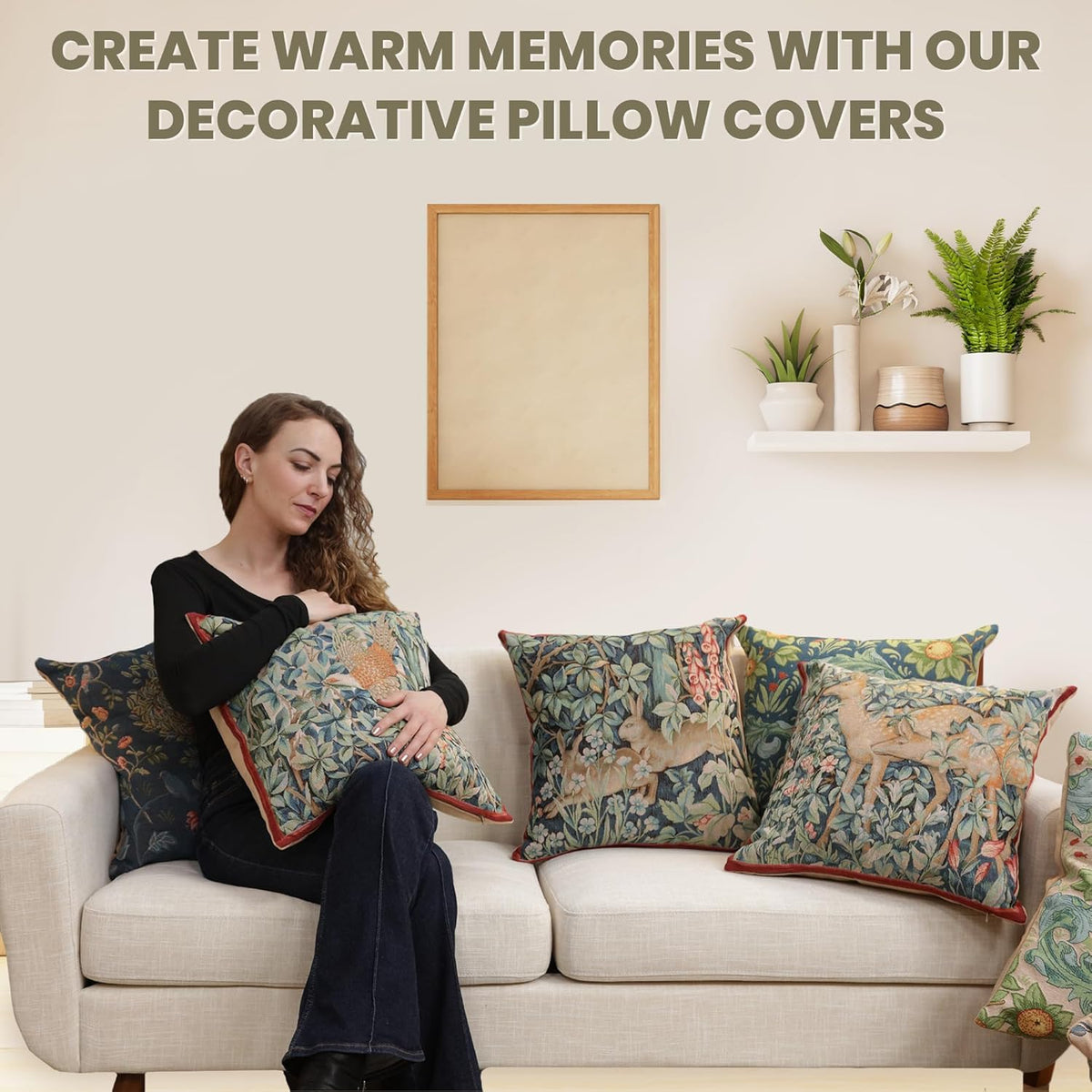Charlotte Home Furnishings Decorative Tapestry Pillow Cover 19x19 in, Green Woodpecker Couch Pillow Cover, French Country Square Cushion Cases for Living Room Home Decor, Soft Cotton Jacquard Woven