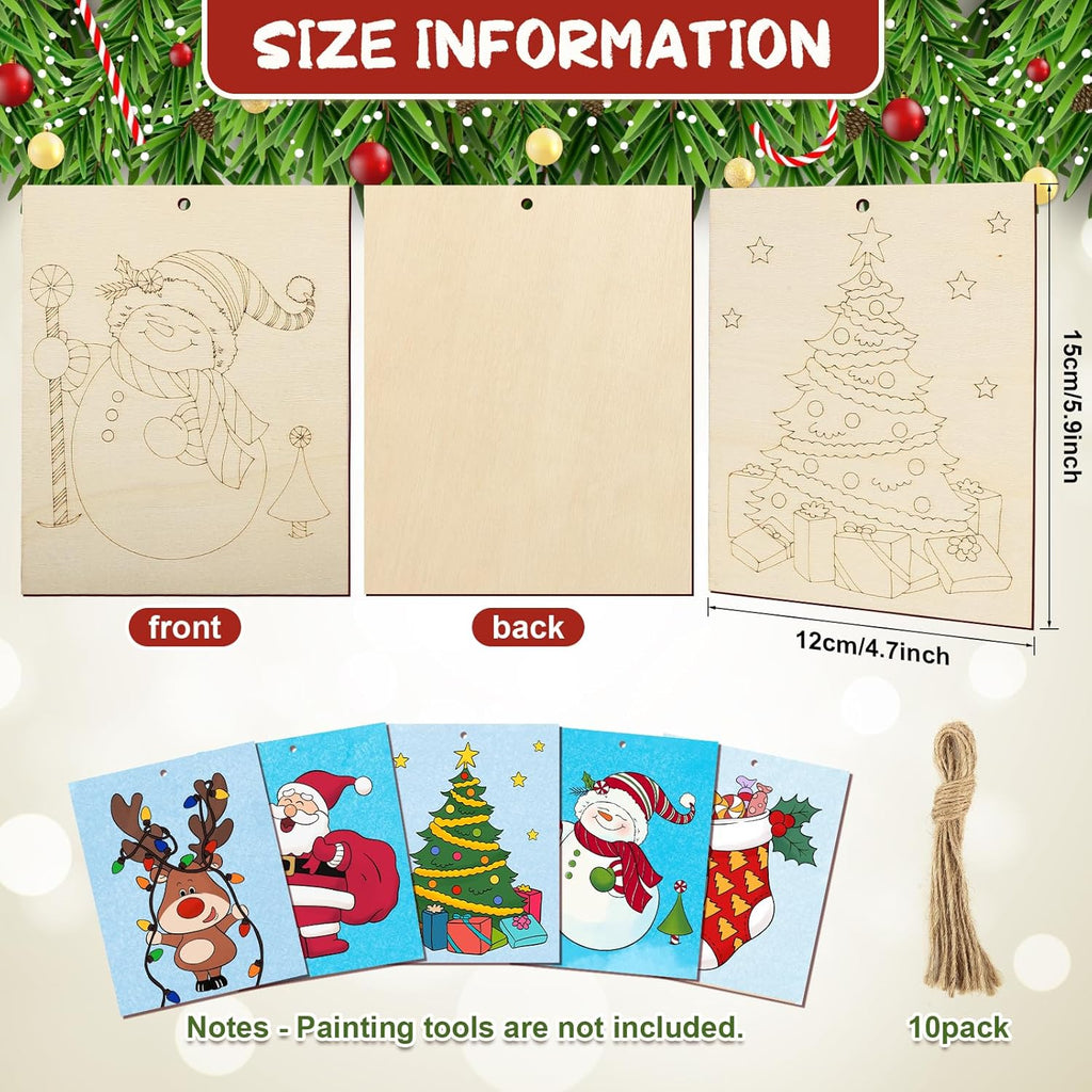 COCHIE 10 Pieces Large Christmas Unfinished Wood Crafts to Paint for Adults and Kids, Bulk Winter Predrilled Wooden Ornaments for Painting, Xmas Tree Truck Paintable Wood Slices Craft Supplies