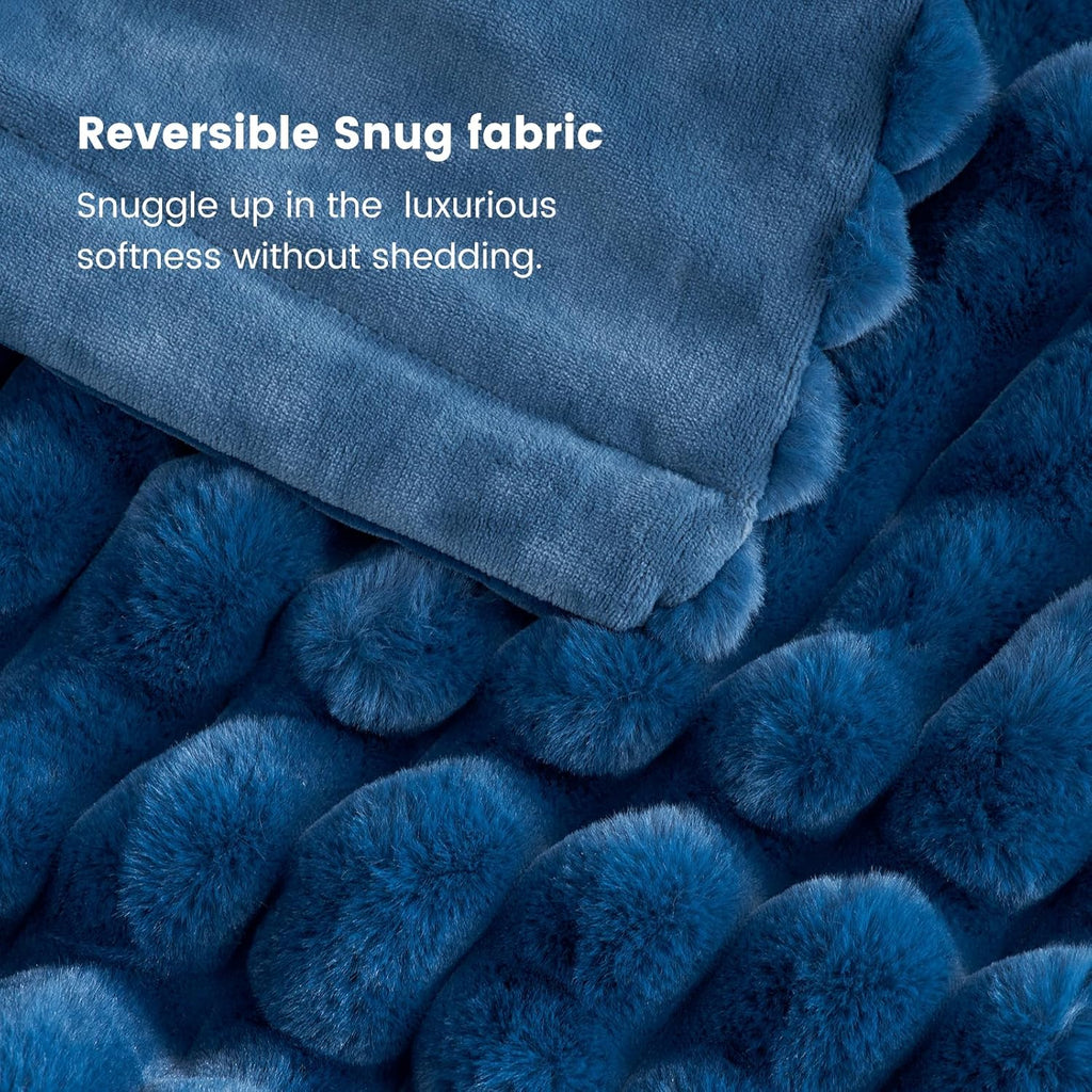 Cozy Bliss Faux Fur Throw Blanket for Couch, Cozy Warm Plush Striped Blanket for Sofa Bedroom Living Room,50 * 60 Inches Navy Blue
