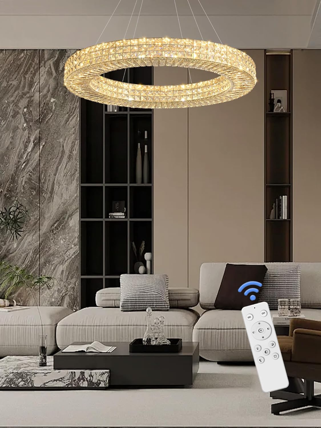 Dia 40" Modern Crystal Chandelier Ring Chandelier Adjustable Height Luxury Crystal Pendant Ceiling Light Fixture for Dining Living Room Bedroom