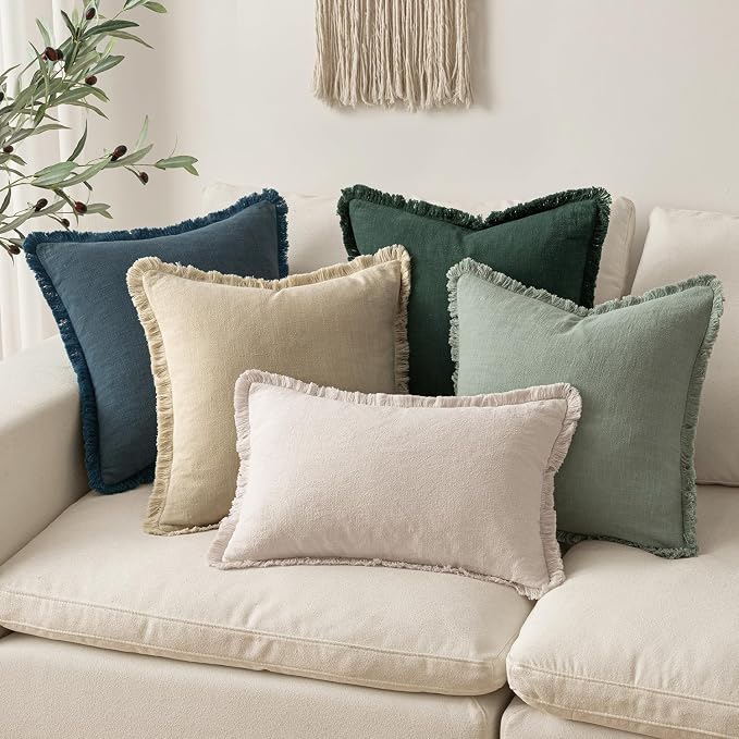 MIULEE Linen Fringe Decorative Euro Throw Pillow Covers Navy Blue 26x26 | Set - Image 6