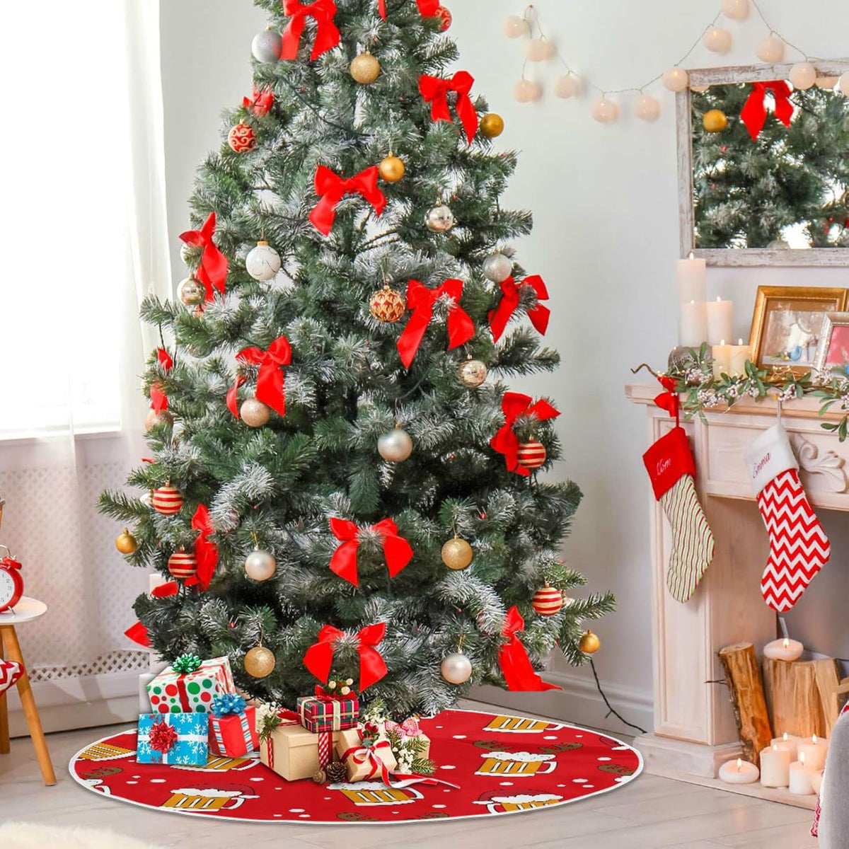 Christmas Funny Beer Tree Skirt, Seasonal Tree Mat Holiday Party Supplies Ornaments Indoor Outdoor Decorations for Tabletop Trees 47.2 Inches