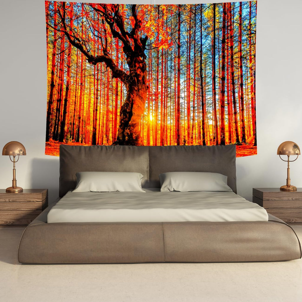 Delur Sunset Forest Tapestry Tree of Life Tropical Rainforest Landscape Tapestry Wall Hanging Scenic Nature Woodland Natural Sunrise Headboard for Bedroom Living Room Home Decor (59.1" x 78.7")