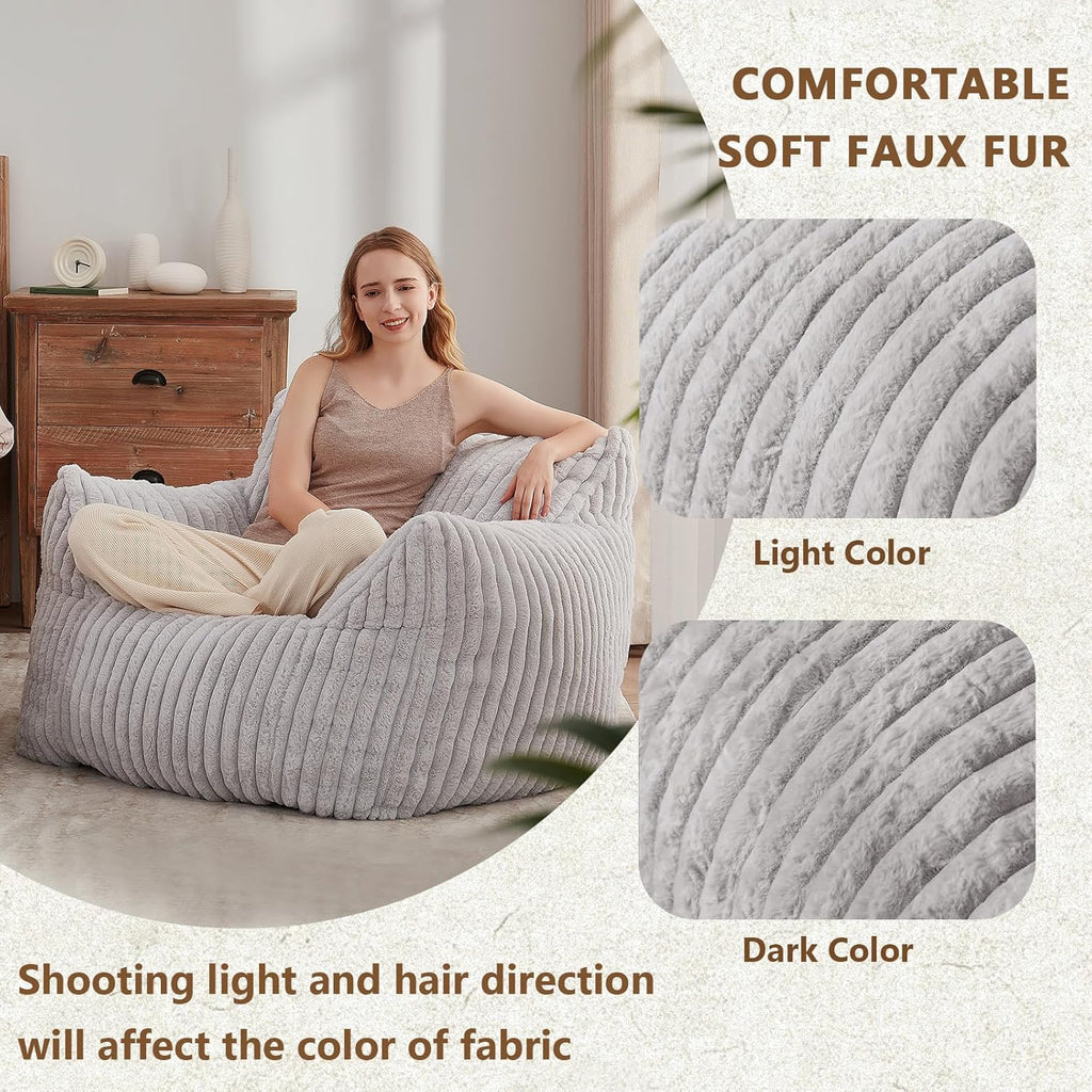 Giant Bean Bag Chairs for Adults Teens, Large Bean Bag Sofa Chairs with Filling Comfy Fuzzy BeanBag Chair with Armrests for Bedroom Living Room Reading (Light Gray, Large)