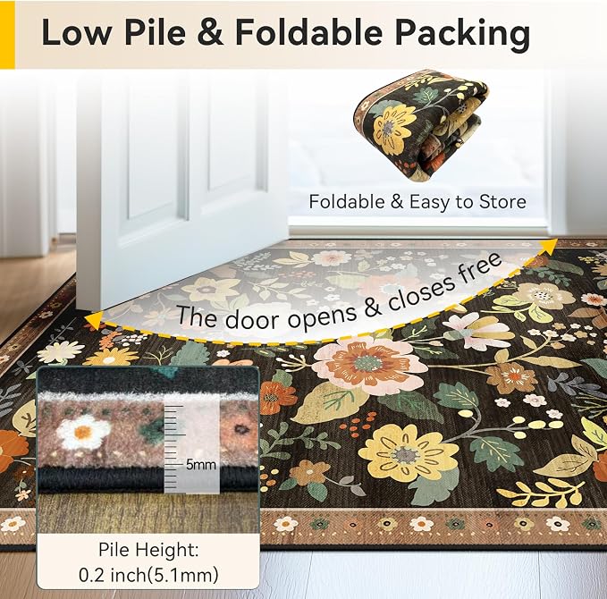 RELEANY Floral Washable 3x5 Area Rugs Black/Yellow | Flower Carpet Print Boho - Image 5
