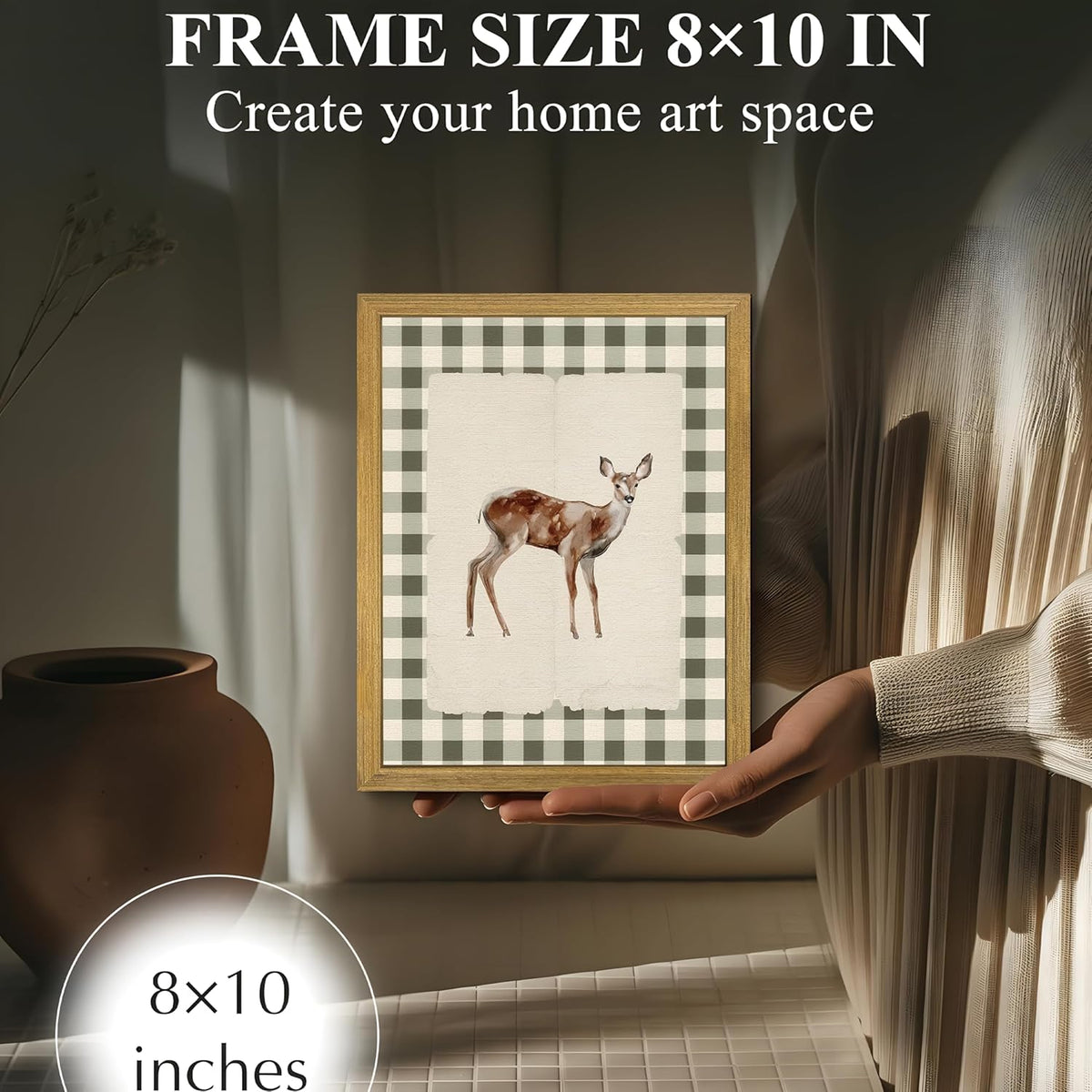 Wood Framed Deer Wall Art Print, Woodland Baby Deer Canvas Poster Wall Decor, Vintage Rustic Green Gingham Farmhouse Animal Picture for Living Room Kitchen Bedroom Nursery Decor, 8x10 inch