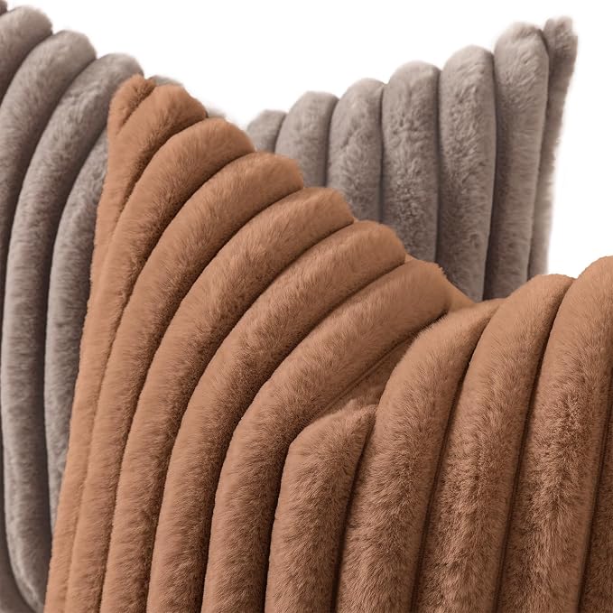decorUhome Fall Faux Fur Throw Pillow Covers 16x16 Set of 2 Brown | Decorative - Image 2
